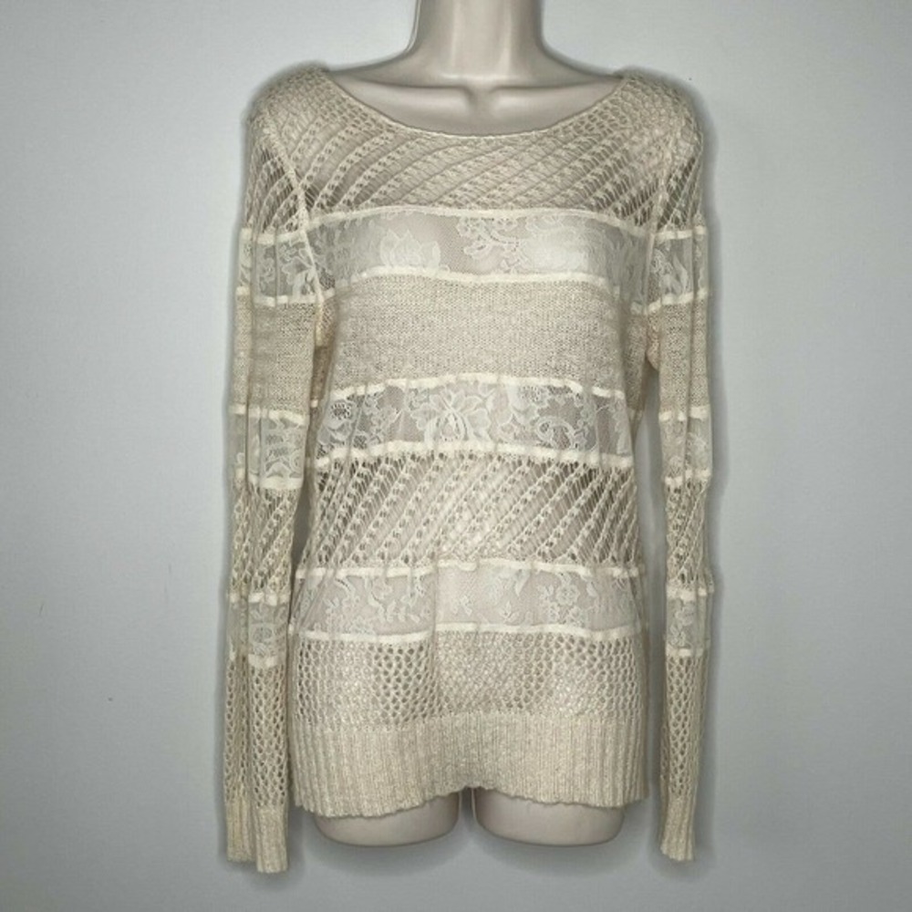 Lauren Conrad Top Women's Medium Cream Knit Lace Semi Sheer Shirt Blouse Sweater